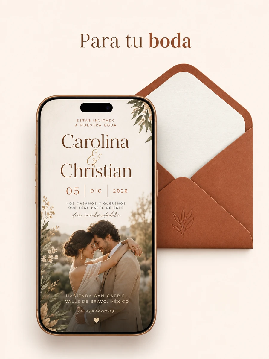 Mockup de invitación digital de boda Carolina y Christian, 5 de diciembre de 2026